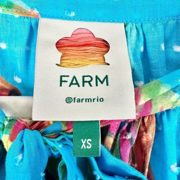 Farm Rio Banana Sky Blouse Size XS NWT Tie Neck Swiss Dot Cotton Balloon Sleeve - Picture 9 of 12